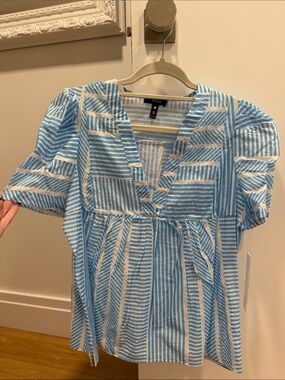 Aqua Sky-Striped V-Neck Peasant Blouse